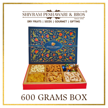 600 Grams Cardboard Box - (100 Grams each of Almonds, Cashews, Raisins, Pistas, Dates & Chocolates)