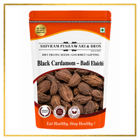 Shivram Peshawari & Bros Black Cardamom Badi Elaichi resealable orange pouch with whole pods visible through packaging