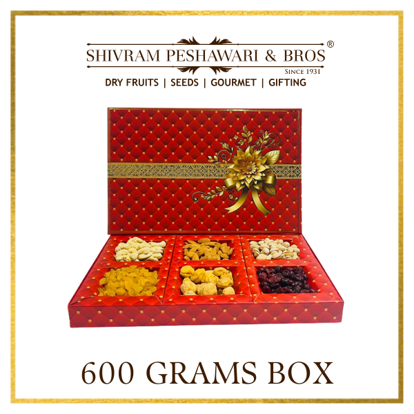600 Grams Cardboard Box - (100 Grams each of Almonds, Cashews, Raisins, Pistas, Dried Apricots & Craneberry)