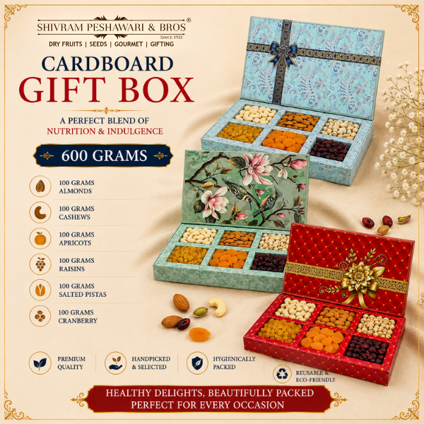 600 Grams Cardboard Box - (100 Grams each of Almonds, Cashews, Raisins, Pistas, Dried Apricots & Craneberry)
