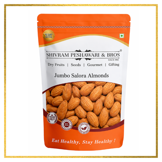 Shivram Peshawari & Bros Jumbo Salora Almonds in an orange resealable pouch with premium quality badges