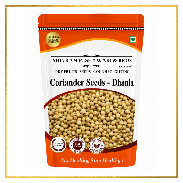 Shivram Peshawari & Bros Coriander Seeds Dhania resealable pouch with premium quality badges