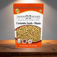Shivram Peshawari & Bros Coriander Seeds Dhania standup pouch displayed on a wooden surface