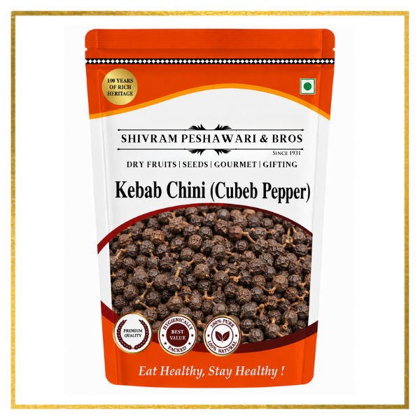Shivram Peshawari & Bros Kebab Chini Cubeb Pepper in orange resealable pouch on white background