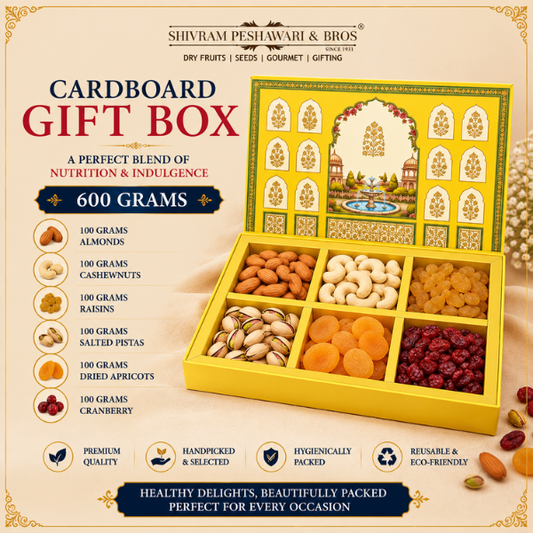 600 Grams Cardboard Box - (100 Grams each of Almonds, Cashews, Raisins, Pistas, Dates & Chocolates)