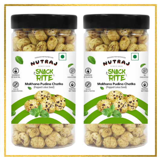 Two jars of Nutraj Snack Rite Makhana Pudina Chatka popped lotus seeds with black lids