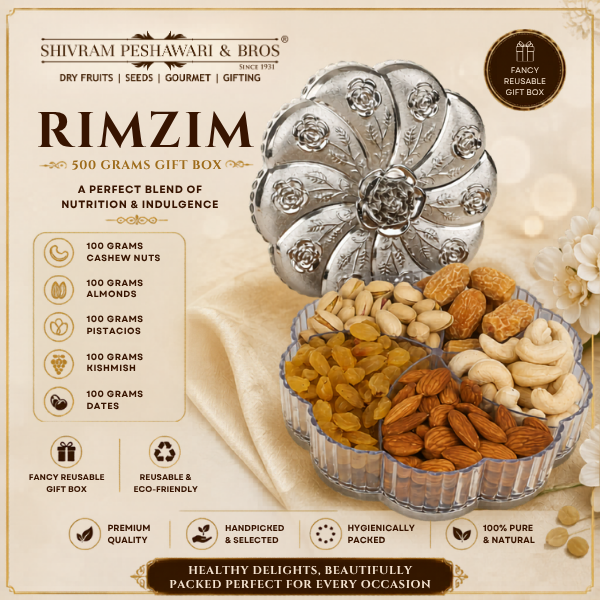 Medium Rimzim Dry Fruits Gift Box - 500 Grams (100 Grams each of Almonds,Cashew,Raisins,Pistas & Dates)