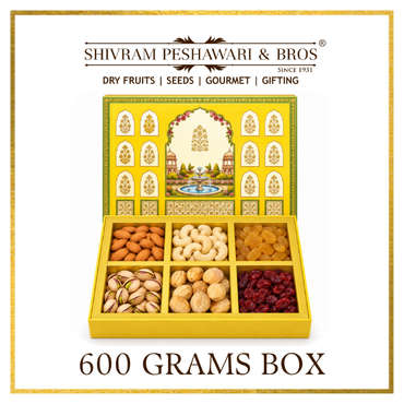 600 Grams Cardboard Box - (100 Grams each of Almonds, Cashews, Raisins, Pistas, Dates & Chocolates)