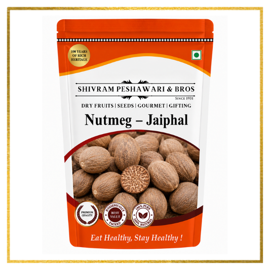 Shivram Peshawari & Bros Nutmeg Jaiphal resealable orange pouch with whole nutmegs shown on front