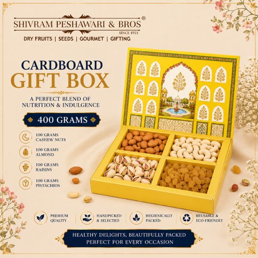 400 Grams Cardboard Box - (100 Grams each of Almonds, Cashews, Raisins & Pistas) Blue Box
