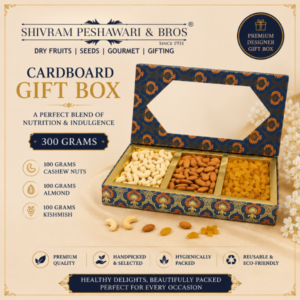 300 Grams Cardboard Box - (100 Grams each of Almonds, Cashews & Raisins)