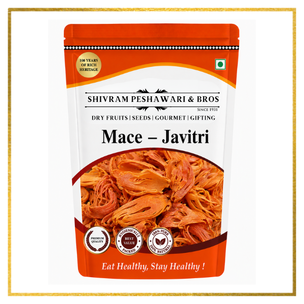 Shivram Peshawari & Bros Mace Javitri resealable pouch showing dried orange mace spice blades inside