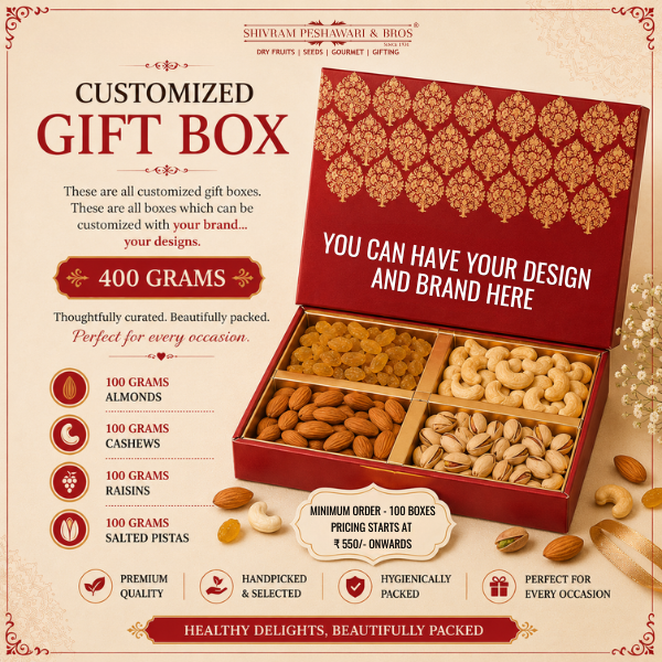 400 Grams - Customized Gift Box (100 Grams each of Almonds, Cashews, Raisins & Pistachios)