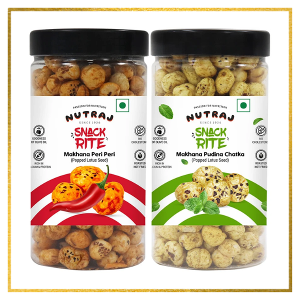 Snackrite Makhana Combo (Pack of 2) - Pudina Chatka (70g) and Peri Peri Flavor (70g) | Popped Lotus Seed | Flavoured Fox Nuts