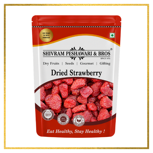 Shivram Peshawari & Bros dried strawberry resealable pouch filled with whole red dried strawberries