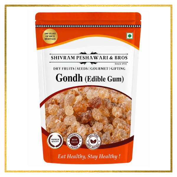 Shivram Peshawari & Bros Gondh Edible Gum resealable orange pouch showing amber crystal gum pieces