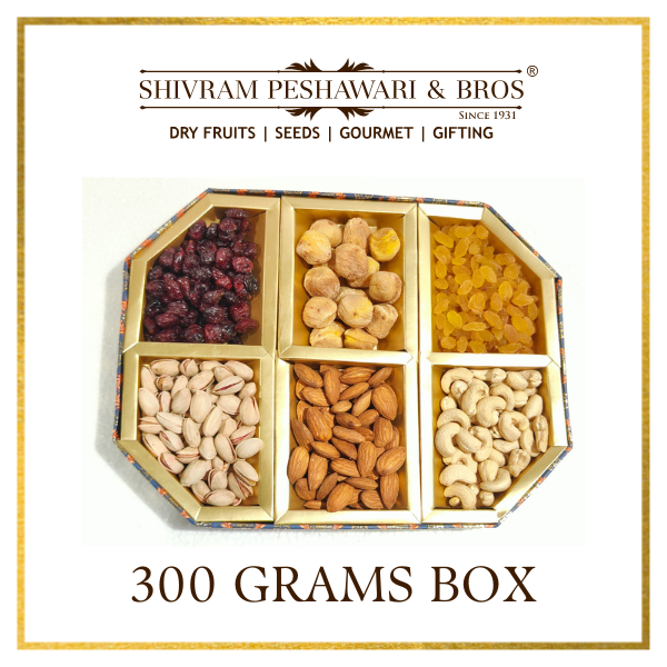 300 Grams Cardboard Box - (50 Grams each of Almonds, Cashews, Raisins, Pistas, Apricots & Cranberry)