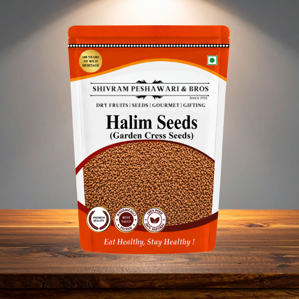 Halim Seeds garden cress seeds pouch by Shivram Peshawari & Bros displayed on a wooden surface
